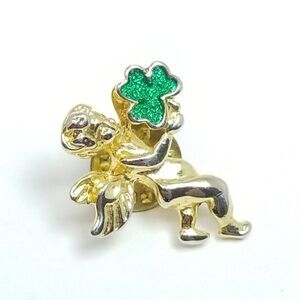 Vintage Little Guardian Angel Pin with Green Shamrock Clover, Good Luck, Estate